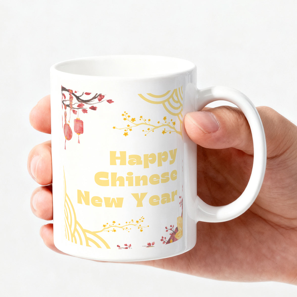 Alphynix 1 pc Tasse Nouvel An chinois 11 oz En céramique Avec lanternes rouges et fleurs de prunier Cadeau de fête pour amis Famille Collègues Cadeau d'anniversaire Saint-Valentin