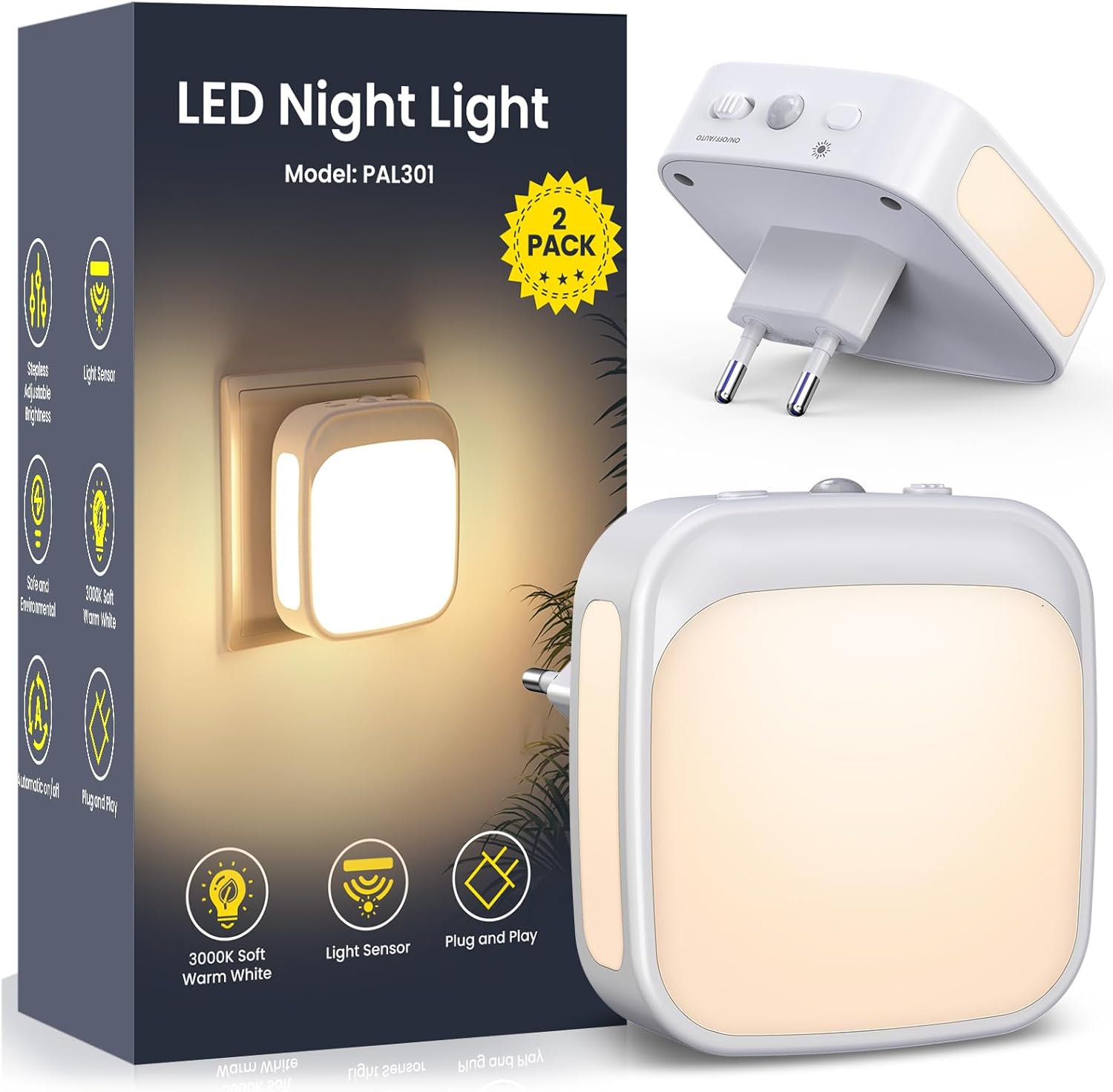 Lot de 2 veilleuses lumineuses avec capteur lumineux, économe en énergie, blanc chaud, éclairage dimmable continu, 0,3 W, 110-240 V, ABS et métal, pour chambre à bébé et couloir