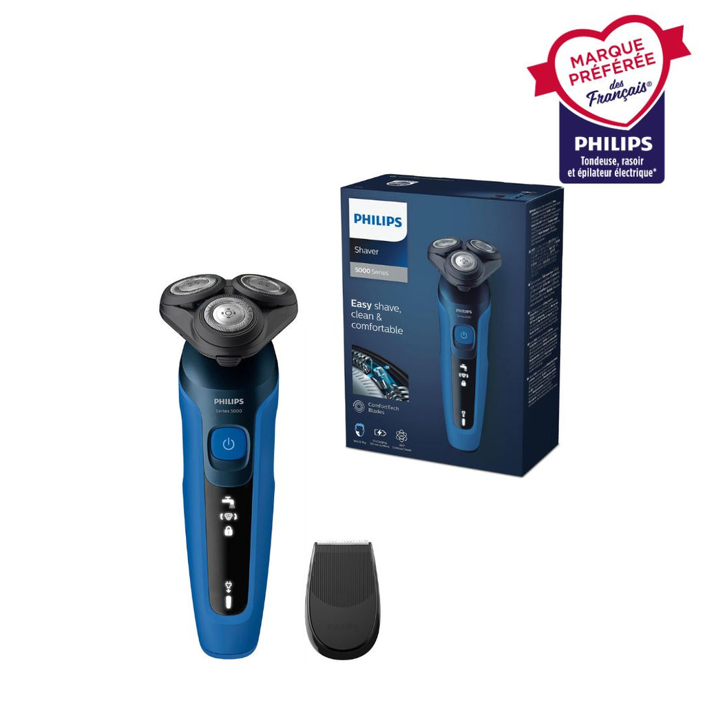 Philips Series 5000 S5466/17 Rasoir électrique avec têtes flexibles 360°, lames ComfortTech auto-affûtées, rasage humide & sec, tondeuse de précision SmartClick, charge rapide - Bleu