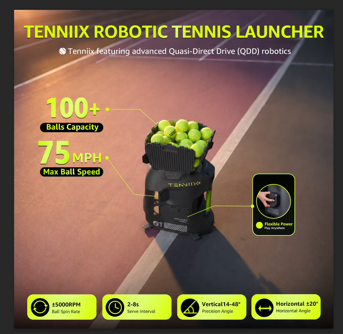 TENNIIX Robot de tennis IA basique, Noir de jais, 100+ modes de service, Contrôle vocal et par application, Écran LED, Moteur QDD, Plus de 1000 modes d'entraînement personnalisés