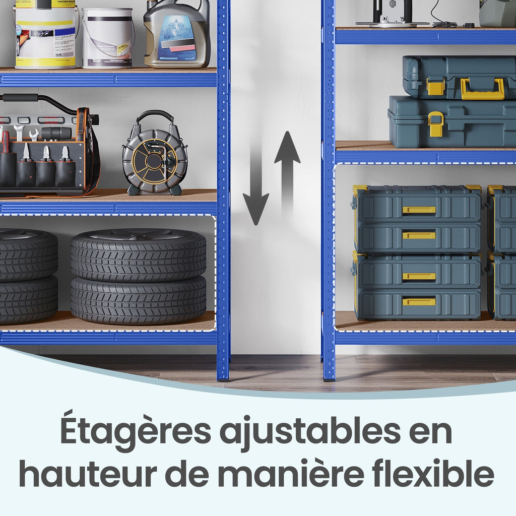 JOYFURNOS Étagère à 5 niveaux, Étagère de rangement en acier, Pour garage et abri, Capacité de charge 750 kg, Bleu