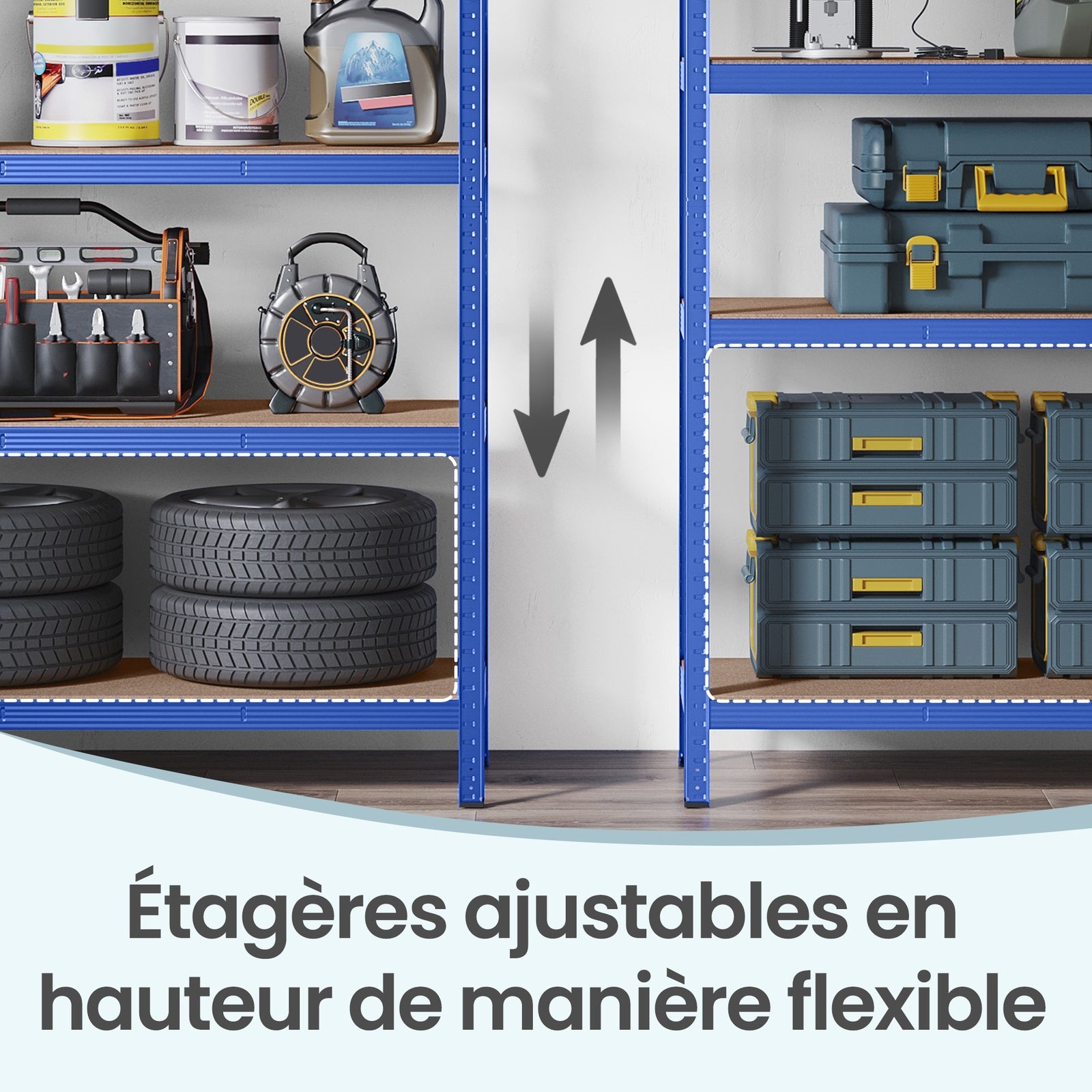 JOYFURNOS Étagère à 5 niveaux, Étagère de rangement en acier, Pour garage et abri, Capacité de charge 750 kg, Bleu
