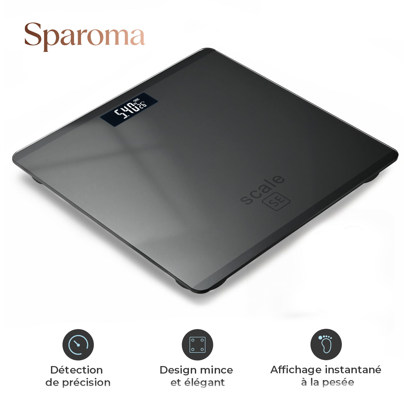 Sparoma AD-26 Pèse-personne électronique avec capacité de 180 kg, haute précision de 0,05 kg, verre trempé de 4 mm et écran LCD, gris-noir - Alimenté par 2 piles AAA (piles non incluses)