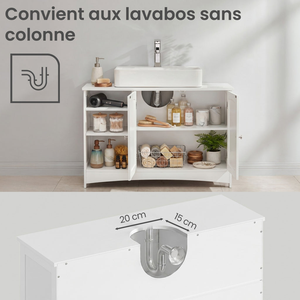 Ochama Meuble de salle de bain blanc réglable en hauteur, meuble sous-vasque extra long avec 2 portes, meuble de rangement pour salle de bain