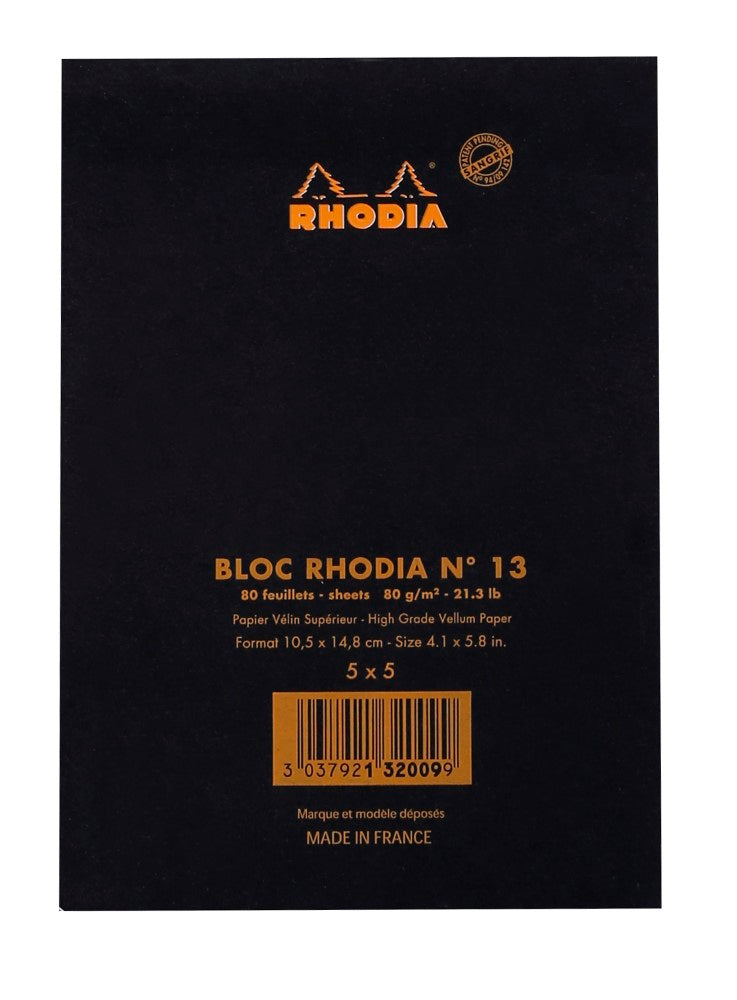 CLAIREFONTAINE Bloc agrafé Rhodia BLACK N°13 10,5x14,8 cm 80 feuillets petits carreaux 5x5 80 g