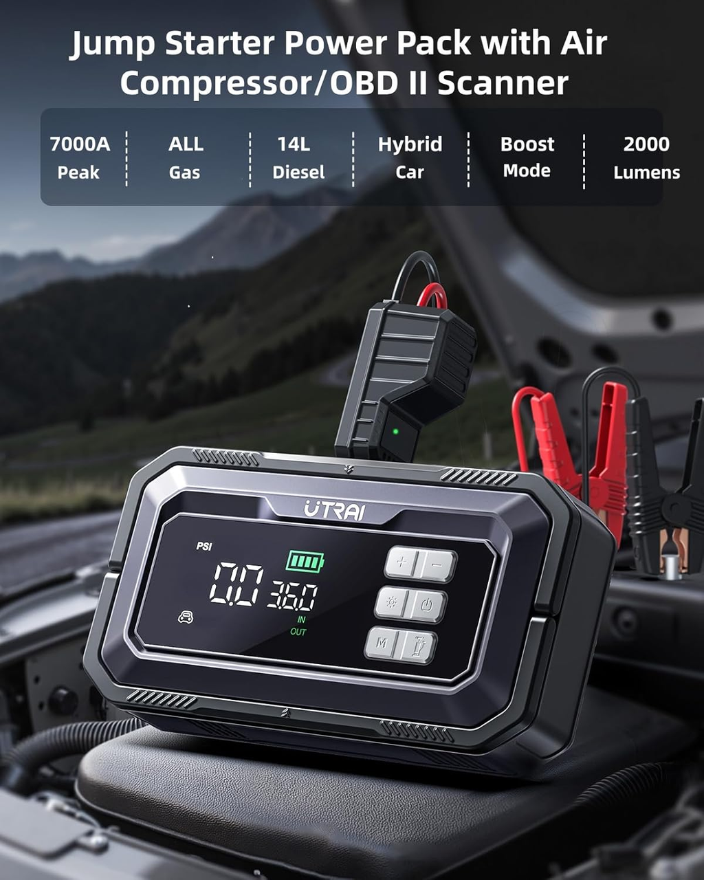UTRAI JS-30 Booster de démarrage 7000A et 12 V avec pompe à air, lecteur de codes d'erreur OBD2, sortie DC 160W, lampe de camping LED, fonction de charge rapide 18W pour les voitures