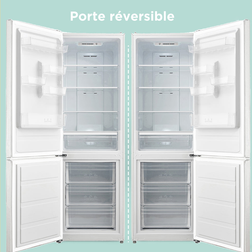 Combiné réfrigérateur/congélateur Comfee by Midea 188 cm classe E NoFrost, éclairage LED, 224 L réfrigération + 86 L congélation, fonction Super Réfrigération RCB310WH2EU(E)