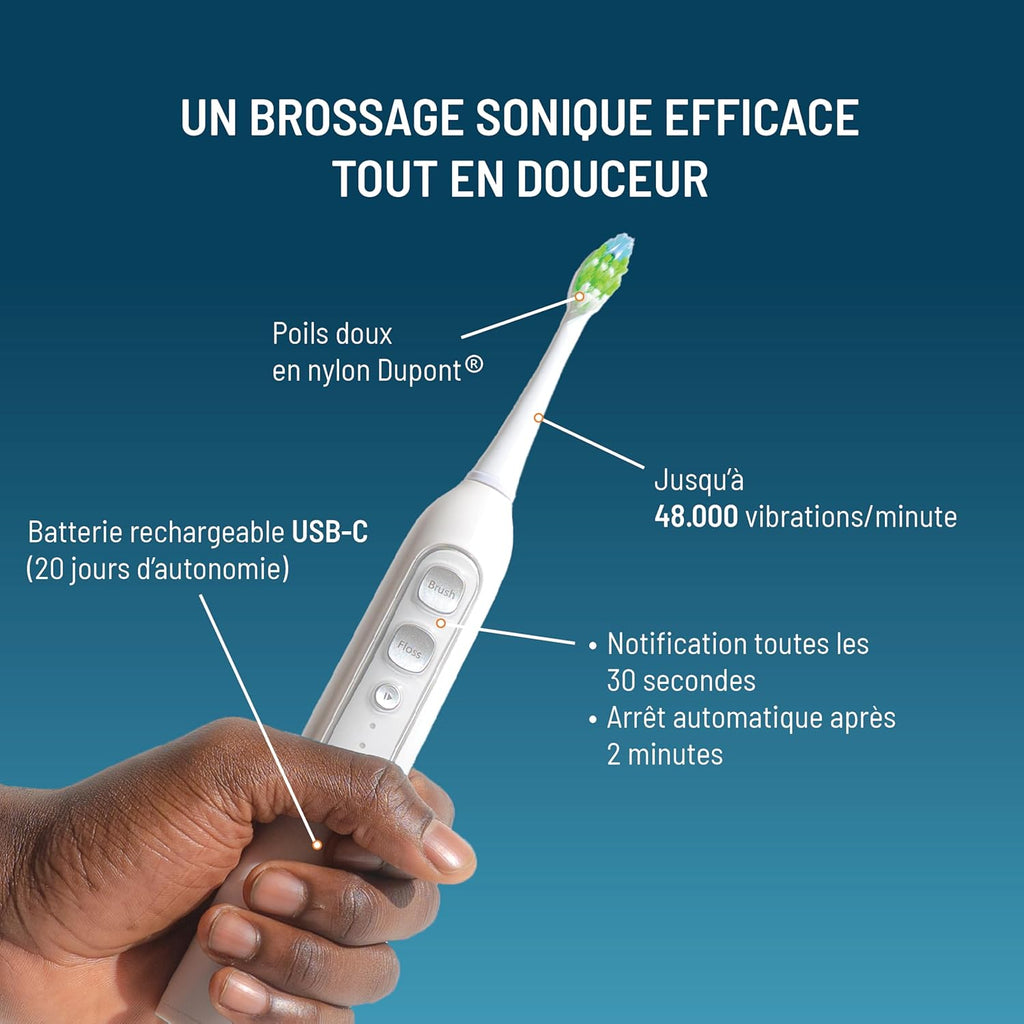 Haepi Julia – Brosse à dents électrique sonique 3-en-1 | Brossage + Jet interdentaire + Nettoyage des gencives | 48 000 vibrations/min | Rechargeable par USB