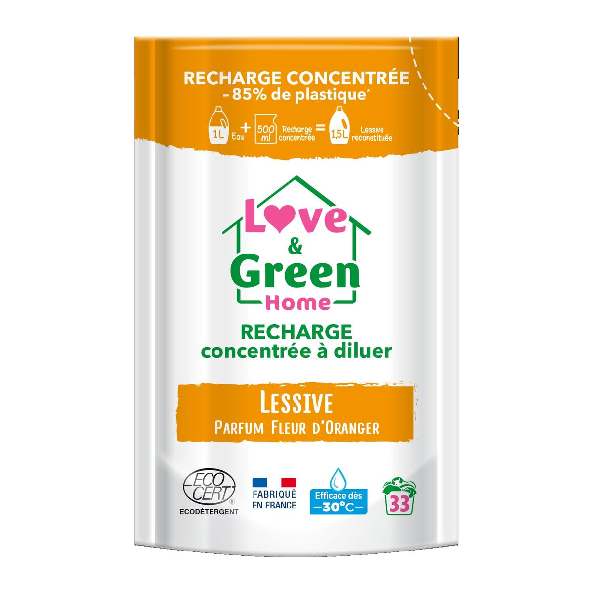 Love&Green Home Recharge concentrée à diluer de lessive parfumée Fleur d'Oranger - 500 ml