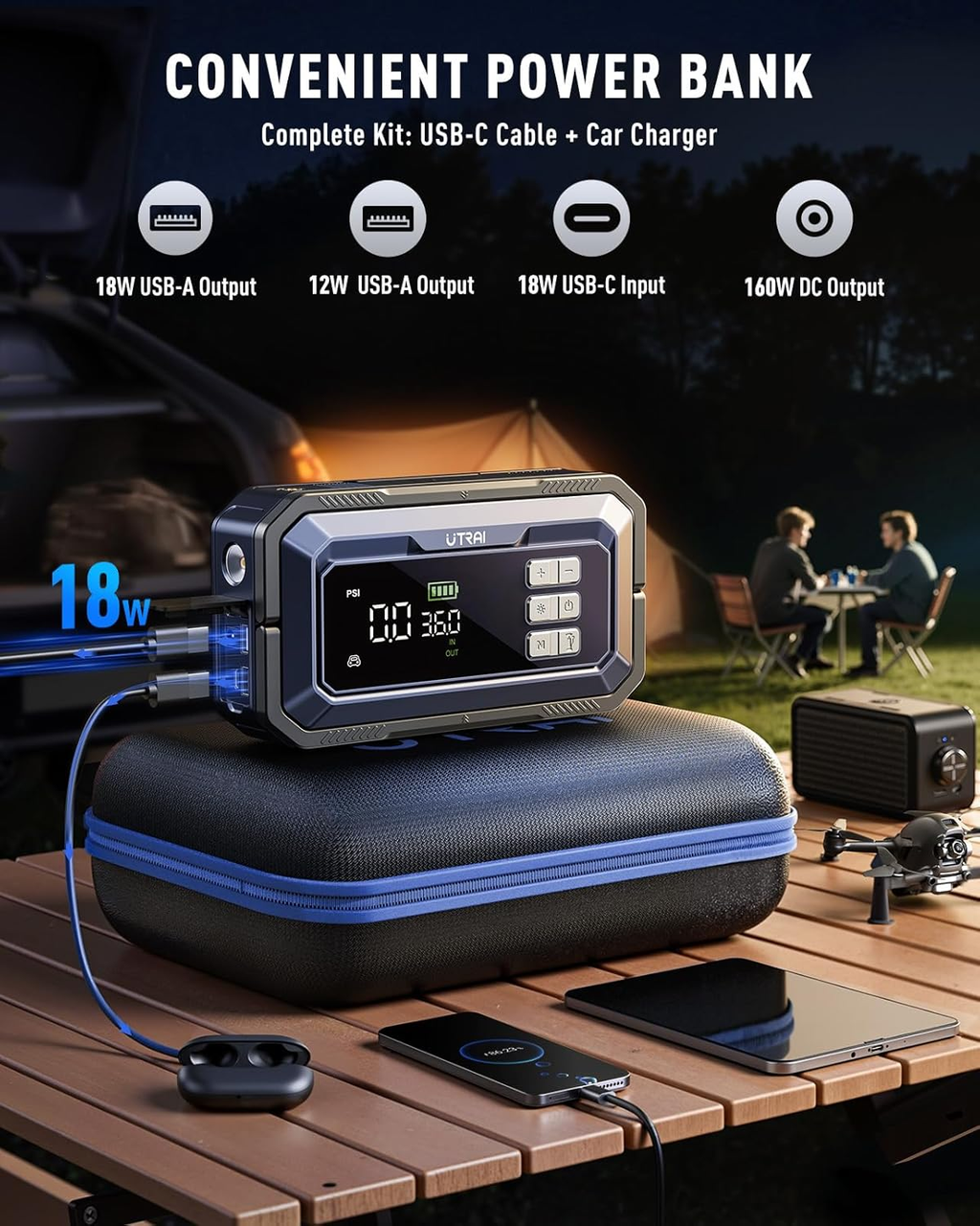 UTRAI JS-30 Booster de démarrage 7000A et 12 V avec pompe à air, lecteur de codes d'erreur OBD2, sortie DC 160W, lampe de camping LED, fonction de charge rapide 18W pour les voitures