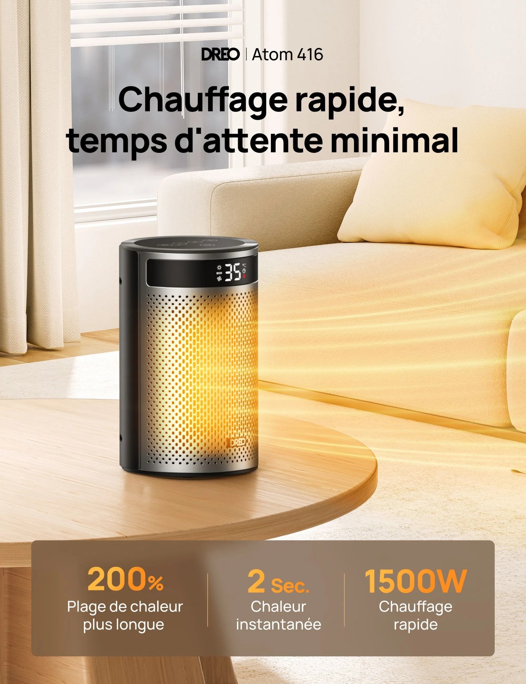 DREO Chauffage d'appoint PTC céramique écoénergétique - 1500 W, 34 dB silencieux, minuterie 12 h, 8 protections de sécurité, télécommande, Atom 416.