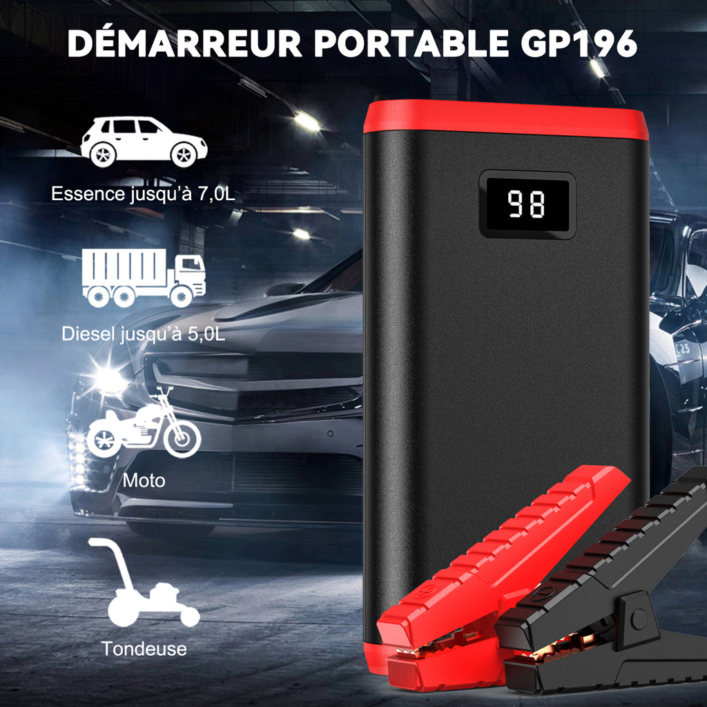 GREPRO Booster de Batterie 4000A, Démarreur de Voiture d’Urgence pour Véhicules 12V et Motos (jusqu’à 7,0L Essence / 5,0L Diesel), avec Écran LCD, Lampe Torche LED et Sac de Transport