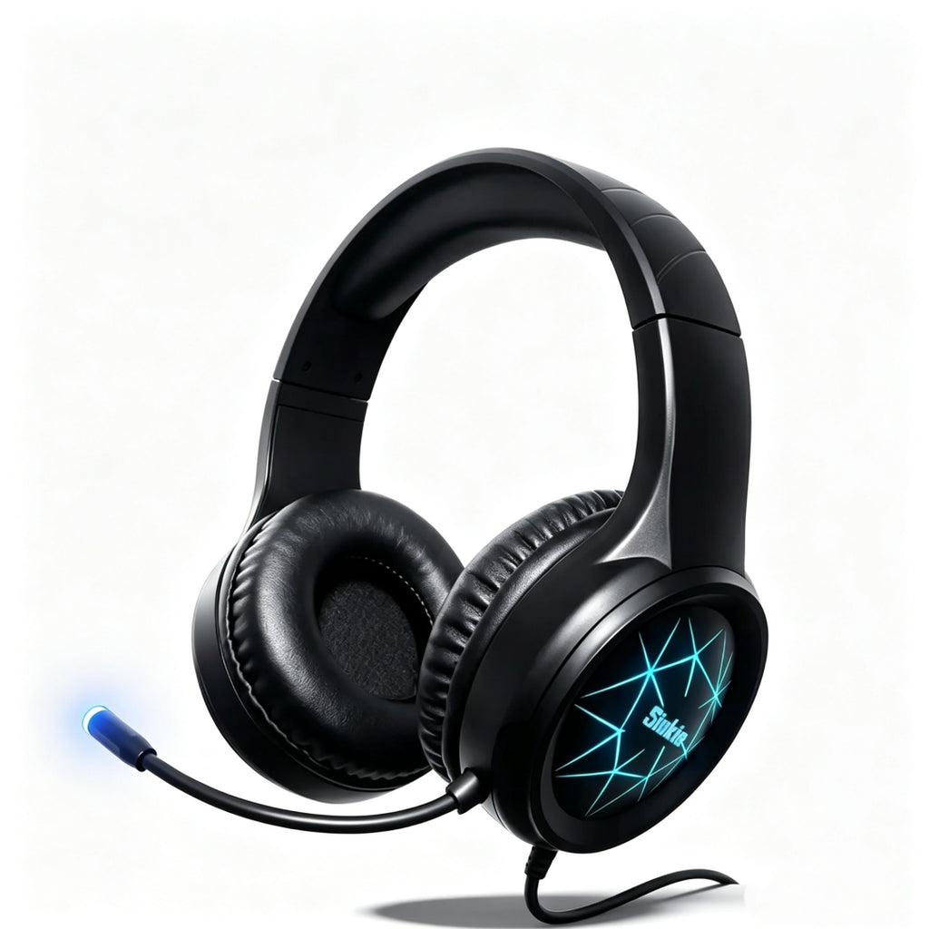 Siukie CH25 Casque de jeu avec micro antibruit, casque circum-auriculaire filaire à transducteurs 50 mm avec USB et jack 3,5 mm, rétroéclairage LED Bleu, son stéréo enveloppant