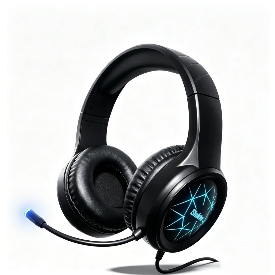 Siukie CH25 Casque de jeu avec micro antibruit, casque circum-auriculaire filaire à transducteurs 50 mm avec USB et jack 3,5 mm, rétroéclairage LED Bleu, son stéréo enveloppant