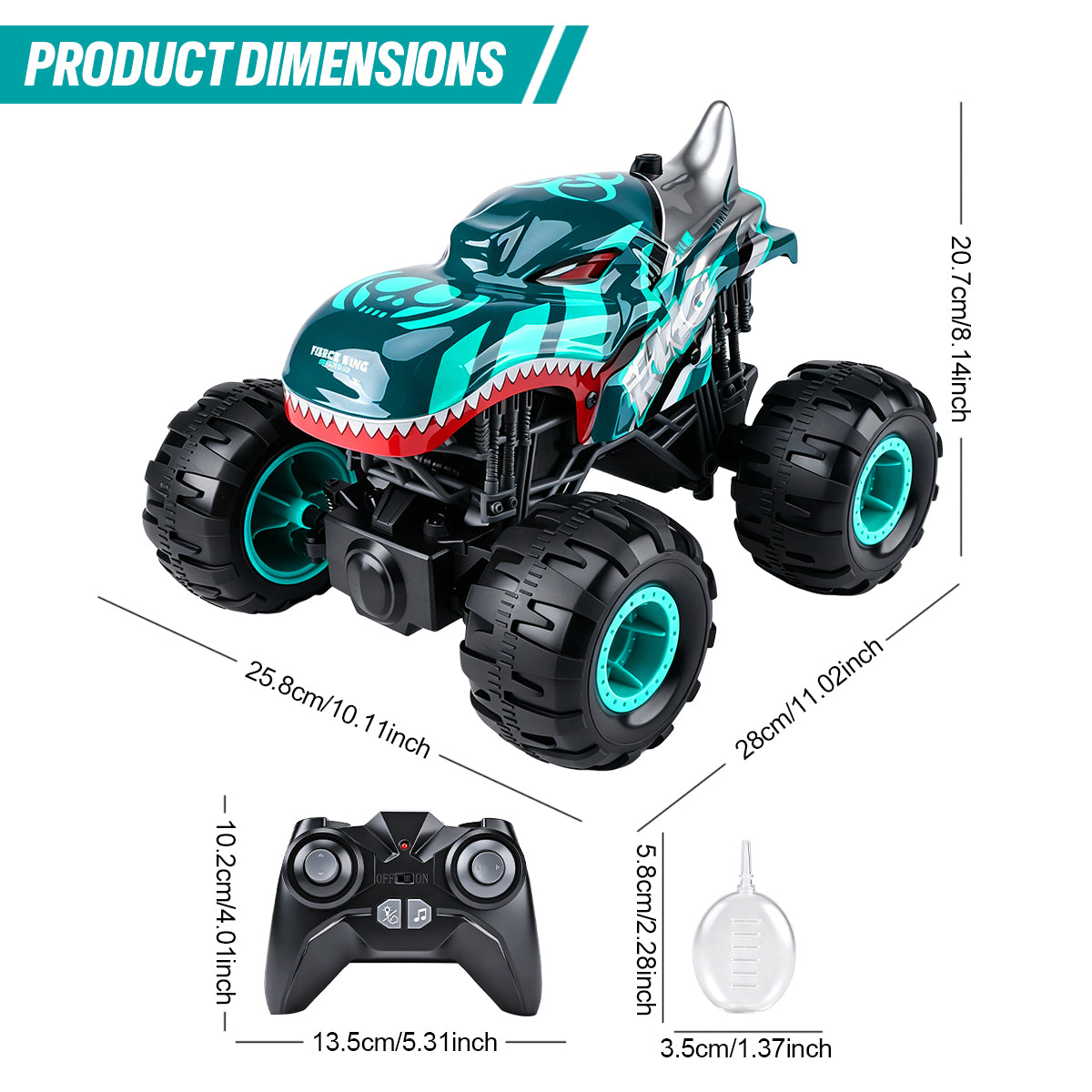 2.4GHz All-Terrain Shark Monster Truck Toy, Remote Control Truck with Music & 3 Lighting Modes, 360° Stunt Function, 2 Batteries Included Ready to Run, Toy Gift for Boys & Girls