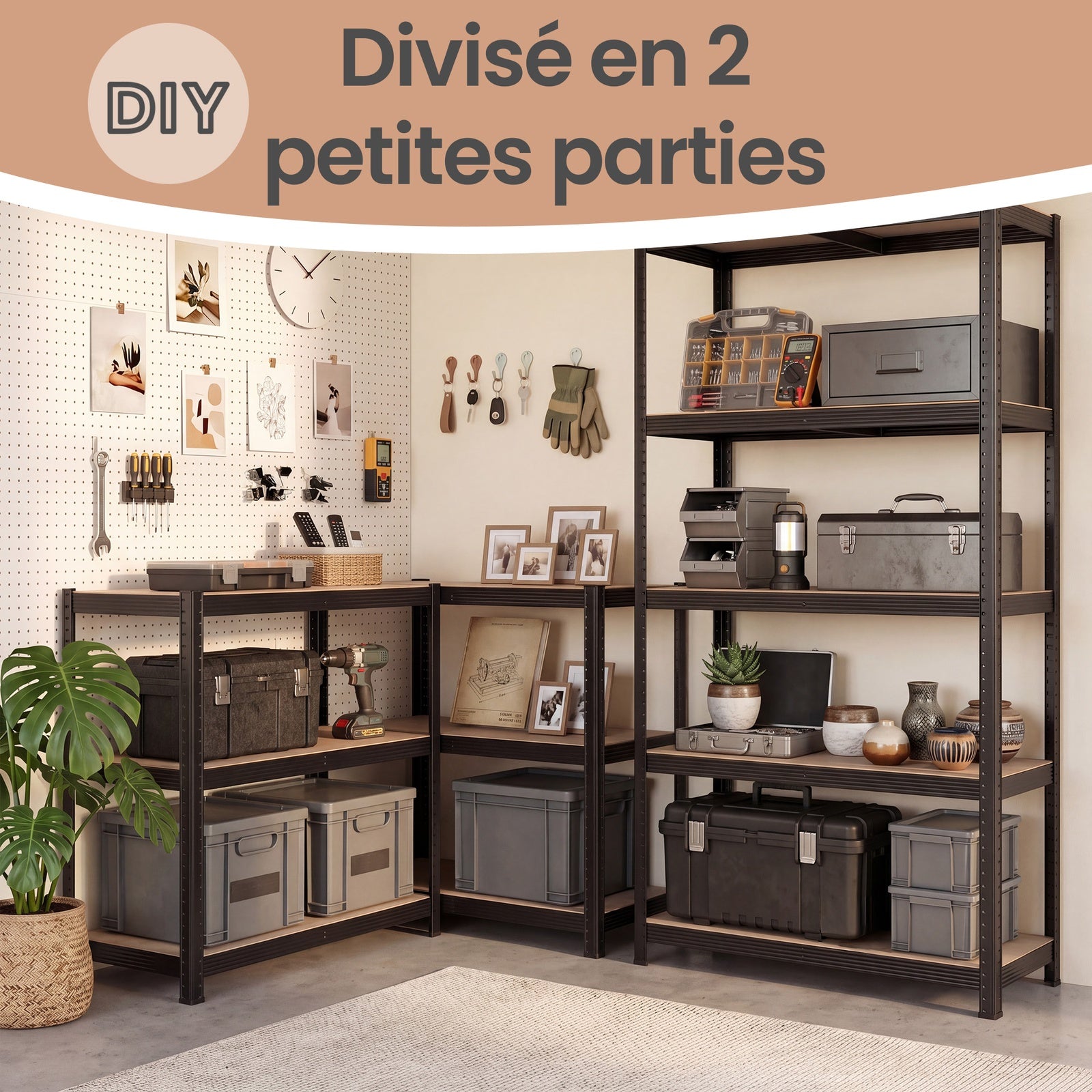 JOYFURNOS Étagère à 5 niveaux, Étagère en acier pour rangement, Montage sans outils, Pour garage, abri, Capacité de charge 600 kg, 50 x 100 x 200 cm, Noir