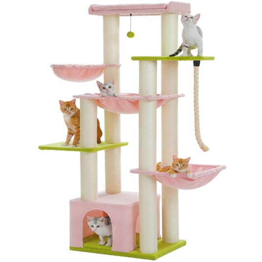 PAWZ Road Grand arbre à chat stable avec plusieurs niveaux, hamac, arbre à chat XXL 175 cm, 13 poteaux en sisal (diamètre 11 cm), grande plateforme, niche, paniers, rose