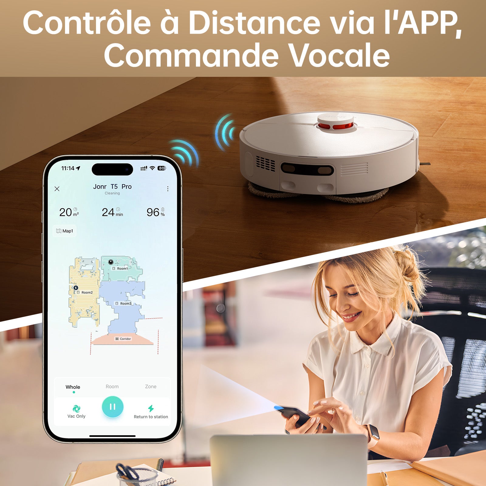 Robot Aspirateur Laveur JONR T5 Pro, Puissance d'Aspiration 8150 Pa, Séchage à l'Air Chaud, Brosse Latérale Anti-Emmêlement, Reconnaissance des Obstacles, Navigation Laser, Station de Base Tout-en-Un