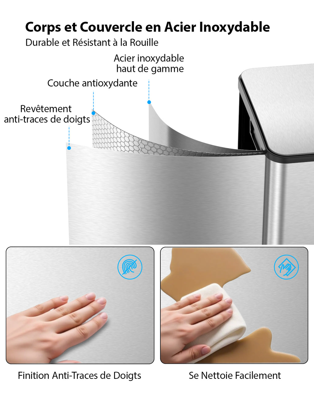 Poubelle de cuisine 60 L (3 x 20 L) en acier inoxydable, poubelle et bac de recyclage combinés avec couvercle à fermeture douce, poubelle à pédale à double compartiment pour recyclage, argenté