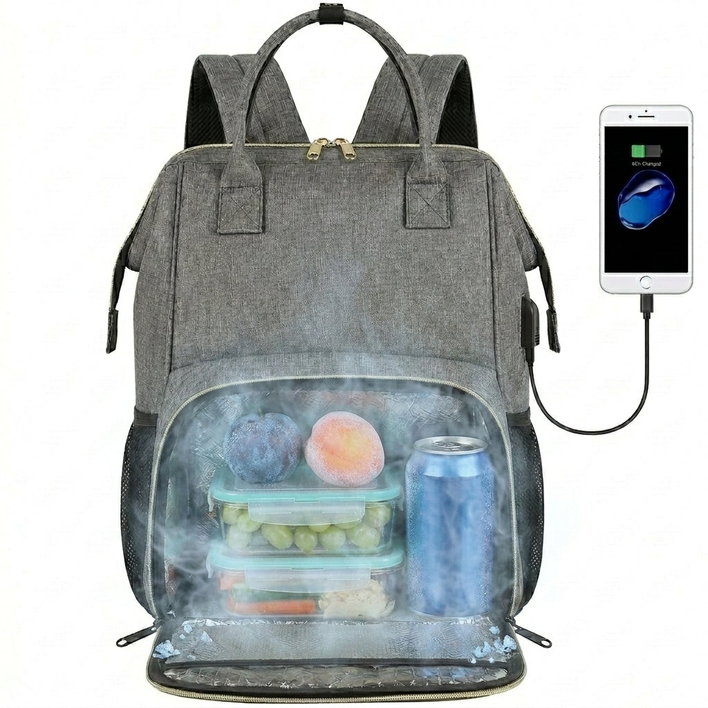 Sac à dos isotherme pour le déjeuner pour femmes et hommes, sac ordinateur 15,6 pouces et sac de voyage avec port USB, imperméable pour hommes, université et affaires, gris