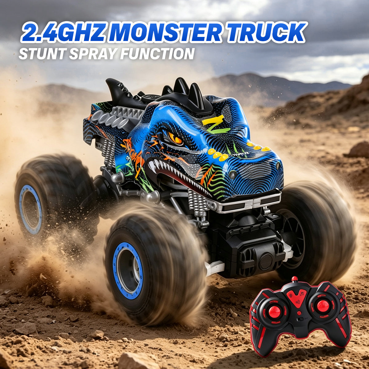 Crocodile RC Car, 2.4GHz Monster Truck Toy with Lights & Spray, Kids Birthday Gift for Ages 3-8, All-Terrain Remote Control Vehicle, Toddler Toy for Boys & Girls Over 3 Years Old