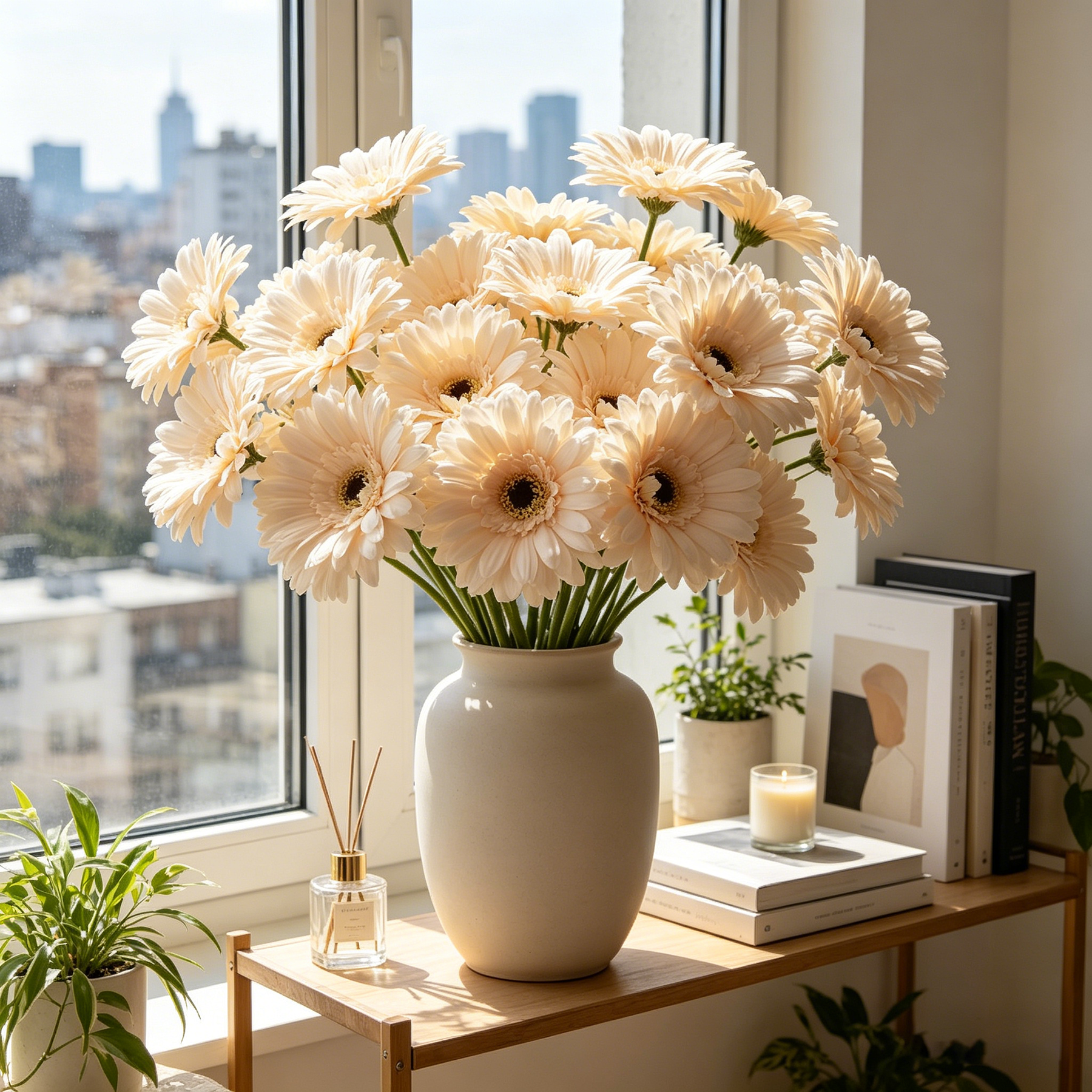 Yuejia 3 Pièces 9,05 in / 23 cm Fleurs de Gerbera en Soie Artificielle Mariage Maison Terrasses Décoration de Table Faux Chrysanthème Pivoine Fête Décoration de Maison (Champagne)