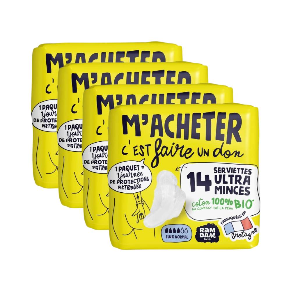 RAMDAM Serviettes Hygiéniques Ultra Fines Avec Ailettes Flux Normal Coton 100 % Biologique - 56 Unités (4 Paquets de 14)