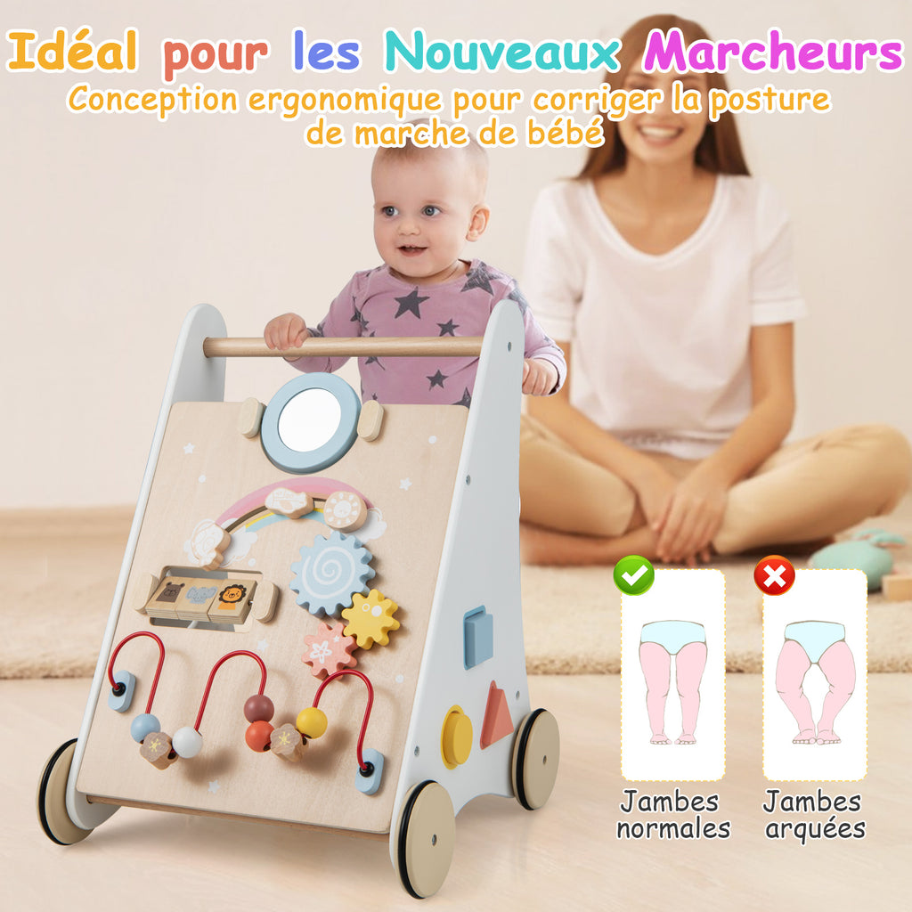 Costway Trotteur bébé en bois avec centre d'activités multiples pour plus de 1 an - Blanc