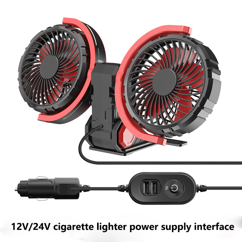 Ventilateur de voiture pliable à double tête avec 2 ports USB, alimentation allume-cigare 12 V/24 V, ventilateur de refroidissement réglable à 3 vitesses avec rotation à 360°