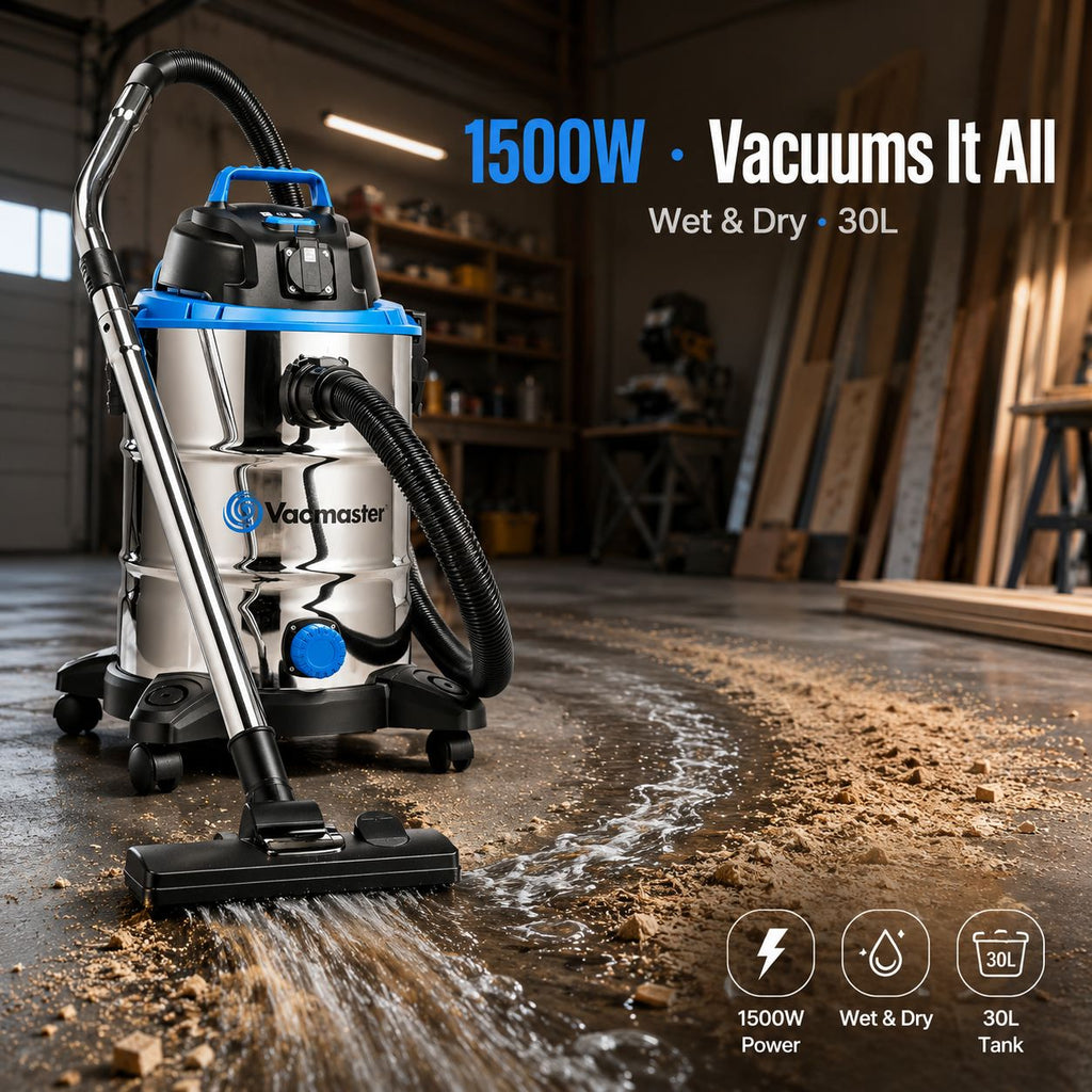 Vacmaster VQ1530SFDC 1500W 30L Aspirateur Eau et Poussière 3-en-1 avec Souffleur, Inox, Prise Intégrée pour Outils Électriques, avec ou sans Sac