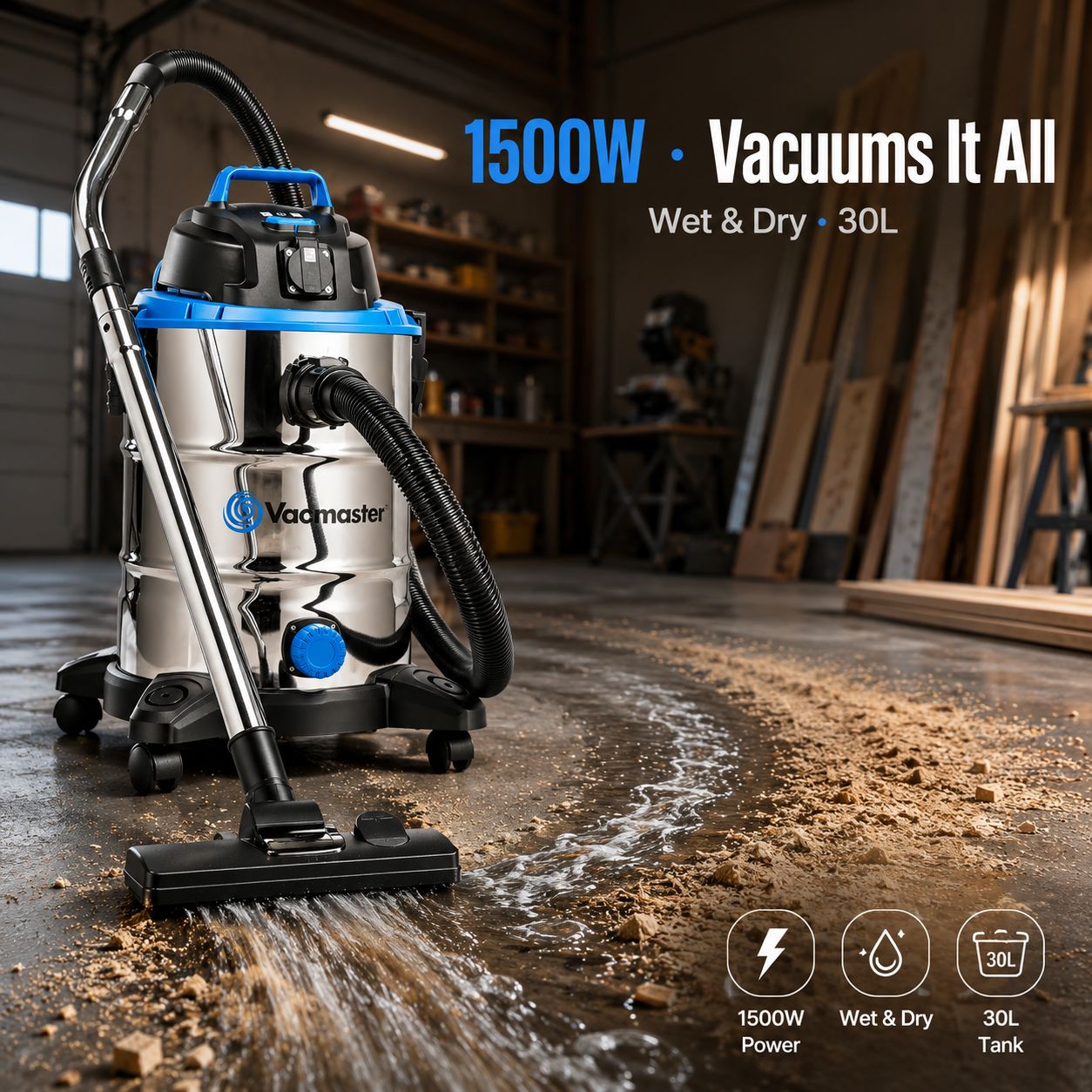 Vacmaster VQ1530SFDC 1500W 30L Aspirateur Eau et Poussière 3-en-1 avec Souffleur, Inox, Prise Intégrée pour Outils Électriques, avec ou sans Sac