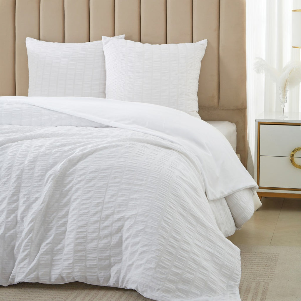 MEEALLHOME Parure de lit Seersucker blanc - 1 housse 155 x 220 cm et 2 taies 80 x 80 cm