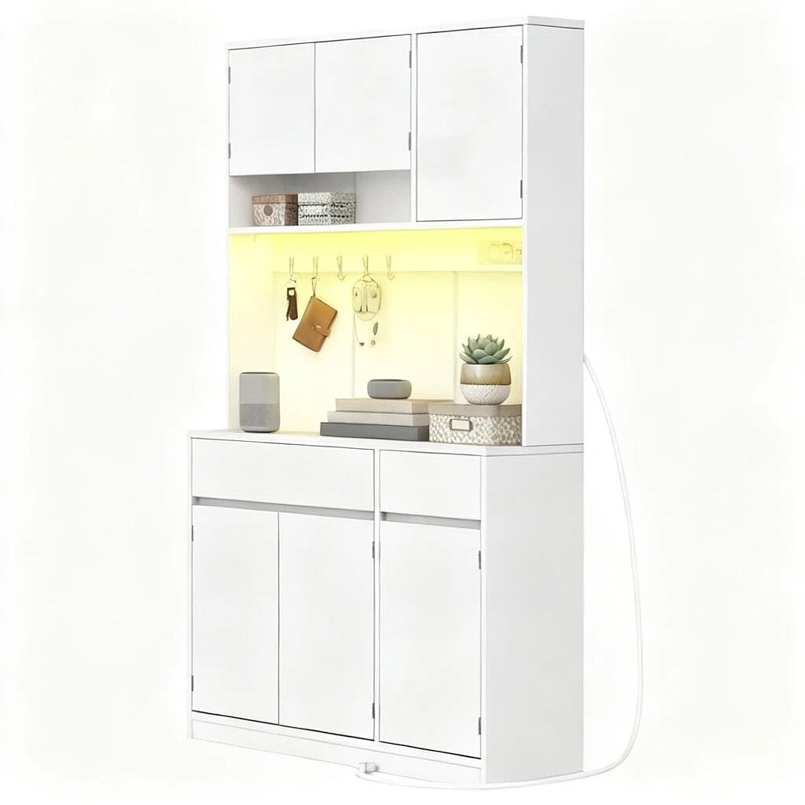 HaluPeit Meuble de cuisine, Buffet, Commode de cuisine avec prises et bandes lumineuses LED, avec plans de travail et 2 tiroirs, étagères réglables, cuisine, 40 x 100 x 180 cm, blanc