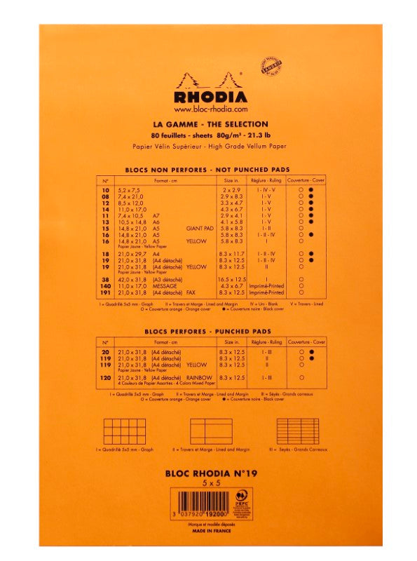 CLAIREFONTAINE Rhodia bloc-notes à spirale, orange, n° 19, 21 x 31,8 cm, 80 feuilles, petits carreaux 5 x 5 mm, 80 g