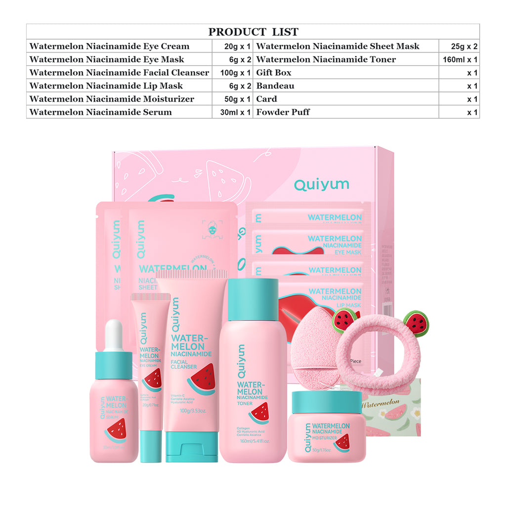 Quiyum Coffret de soins à la pastèque (13 pièces) - Nettoyant visage 100 g, lotion tonique 160 ml, sérum 30 ml, crème contour des yeux 20 g, crème visage 50 g