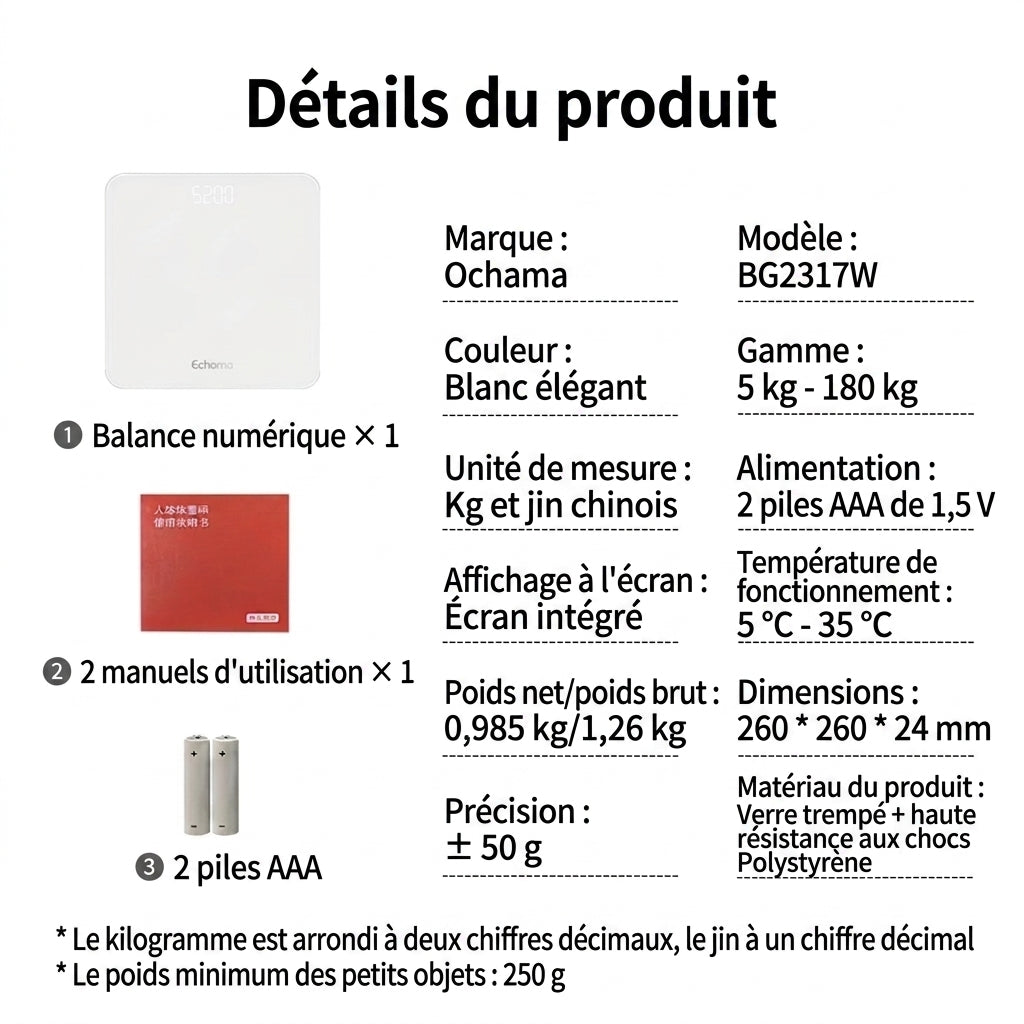 Ochama Pèse-personne numérique intelligent - Haute précision, Verre trempé, Écran LED à contraste élevé, 2 piles AAA incluses, 260 x 260 x 24 mm, 5-180 kg