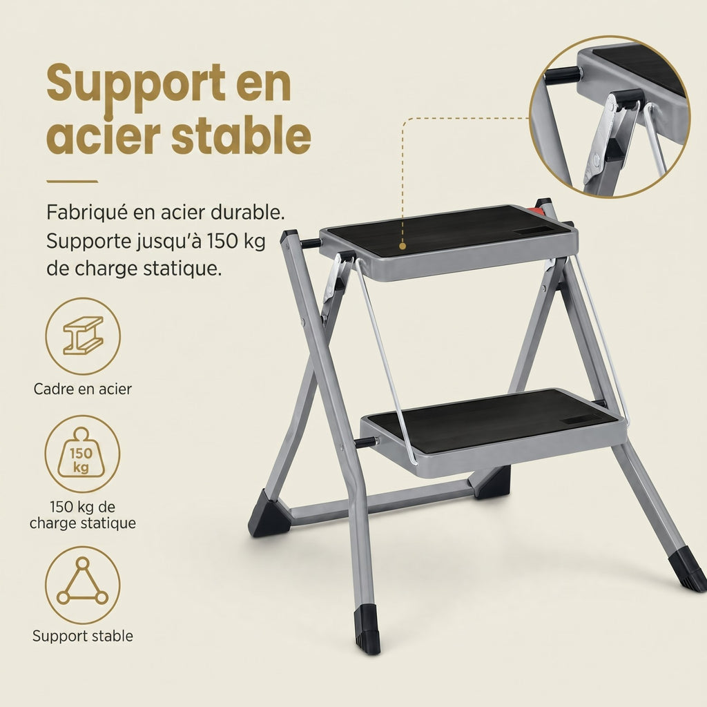 JOYFURNOS Échelle à 2 marches marchepied pliable robuste avec marches antidérapantes charge 150 kg 55 x 50 x 4,5 cm gris
