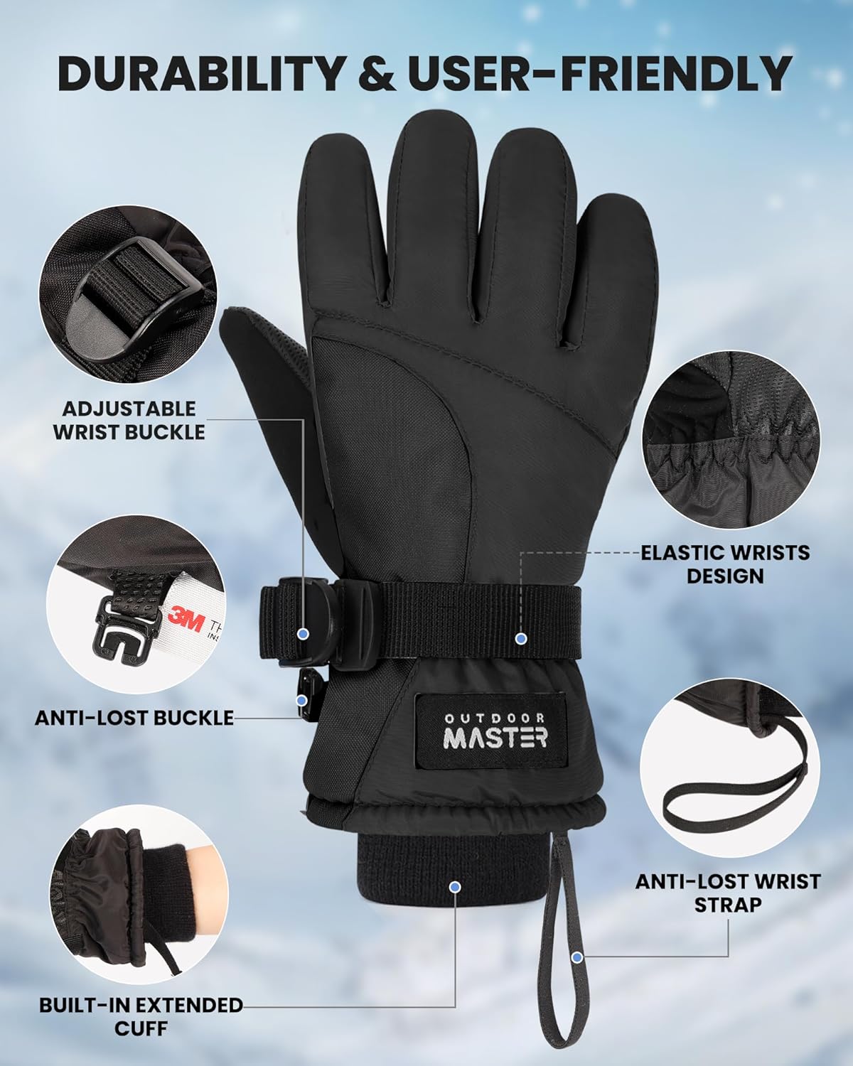 OutdoorMaster gants de ski pour enfants 3M Thinsulate chauds, coupe-vent et imperméables, gants de snowboard d'hiver pour garçons et filles, noir, taille L