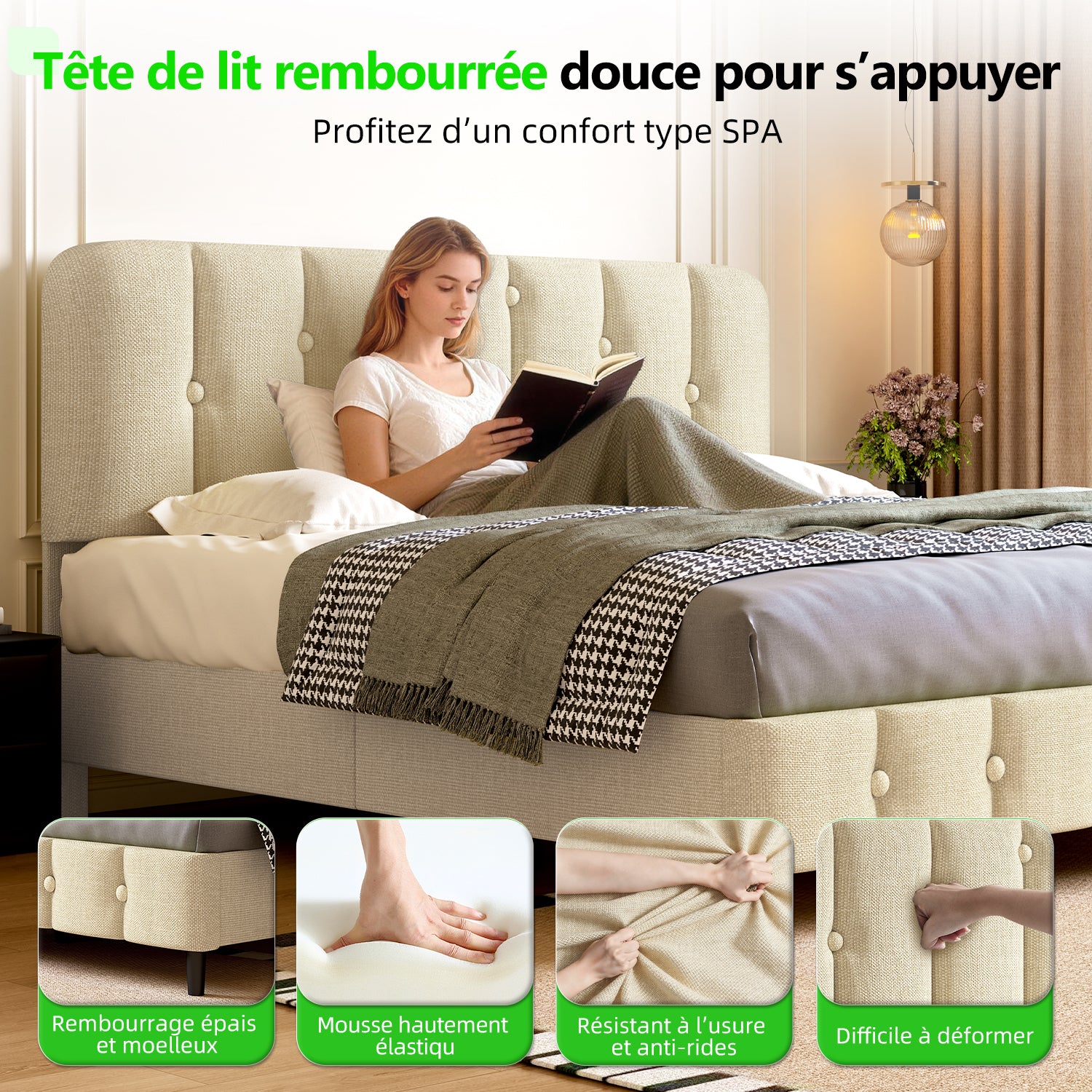 GTIMEX Lit capitonné 212,5 x 145 x 110 cm avec sommier à lattes, Capacité de charge statique : 390 kg, Lit double avec tête de lit rembourrée, Montage facile, Cadre robuste et tissu en lin de haute qualité, Beige