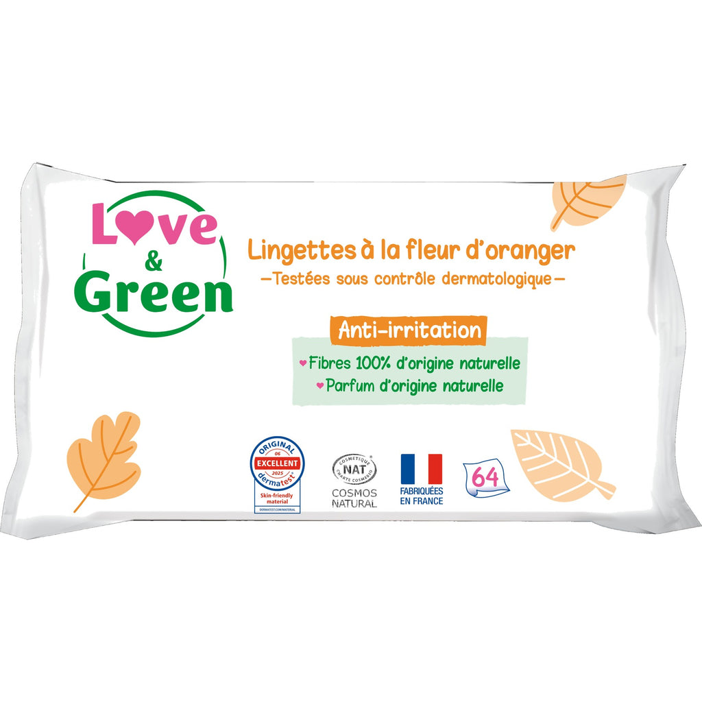 LOVE & GREEN Lingettes écologiques parfumées à la Fleur d'Oranger - fibres 100% d'origine naturelle - 896 lingettes