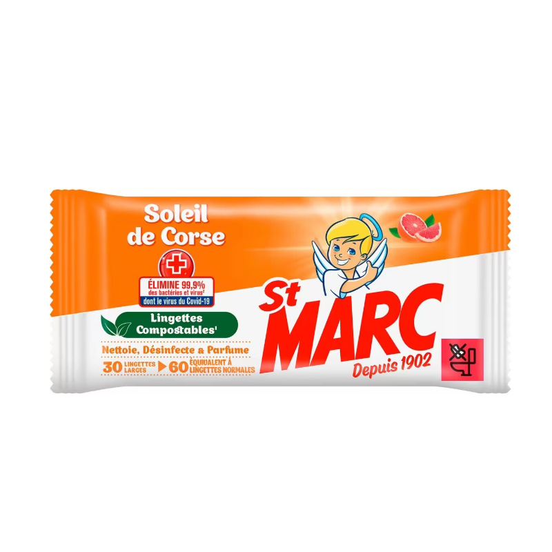 ST MARC Lingettes Désinfectantes Compostables Taille XL Soleil de Corse Parfum Pamplemousse 30 Lingettes