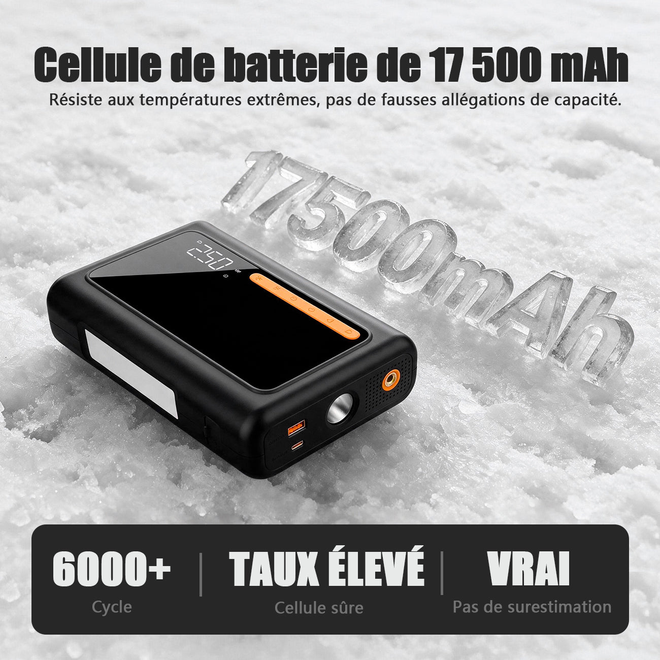 Démarreur de voiture GOKKCL GK01 à ions sodium, grande capacité 17 500 mAh, pack de démarrage d'urgence 4 en 1 avec pompe à air haute pression 25 cylindres (150 PSI)