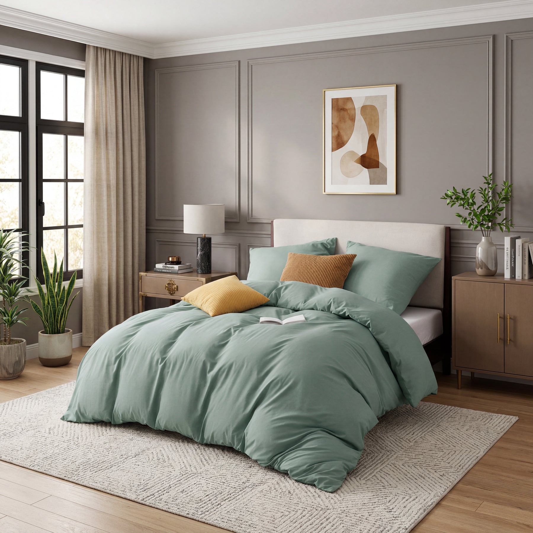 Parure de lit 200x200 3 pièces Sauge - 1 housse de couette 200x200 cm + 2 taies d'oreiller 80x80 cm, Parure de lit en 90% Polyester microfibre vert avec fermeture éclair OEKO-TEX, 90% Polyester
