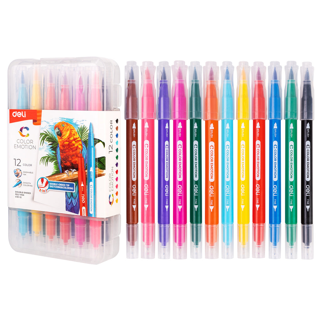 Deli Feutres aquarelle à double pointe, Fournitures artistiques, Couleurs assorties, Lot de 12 couleurs
