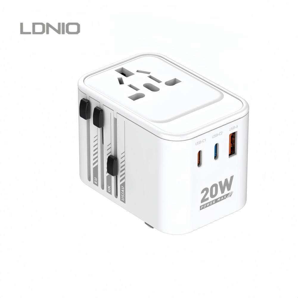 LDNIO Adaptateur de voyage GaN, prise de conversion universelle 20 W, convertisseur de prise EU à multi-ports