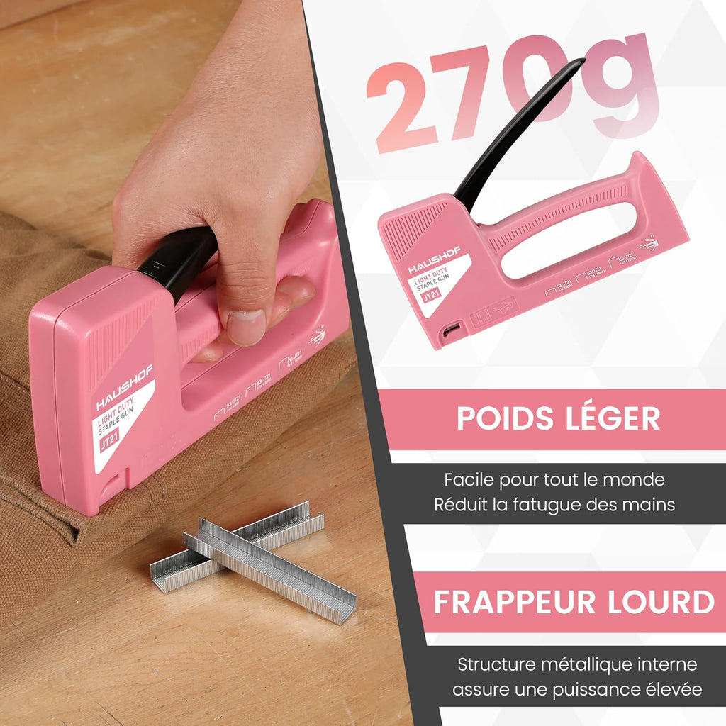 HAUSHOF Agrafeuse manuelle rose pour tapisserie, agrafeuse à bois pour agrafes type 53, avec 800 agrafes 8 mm et extracteur d'agrafes pour bois, tissu, meubles