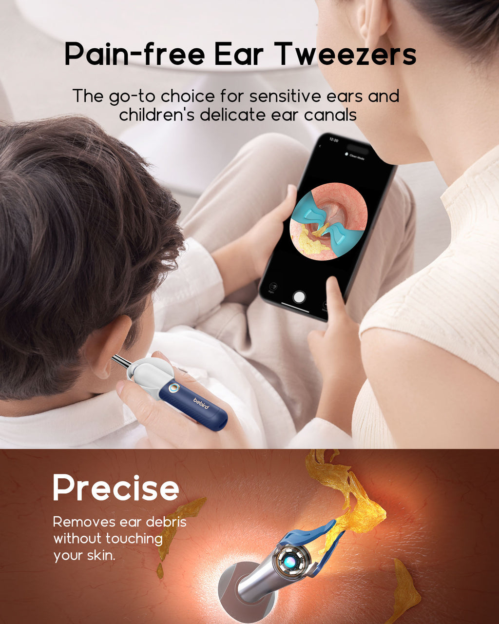 bebird Kit otoscope de nettoyage des oreilles avec caméra FHD flexible et pinces, pour examen des oreilles, du nez et de la gorge, embouts variés pour adultes et enfants
