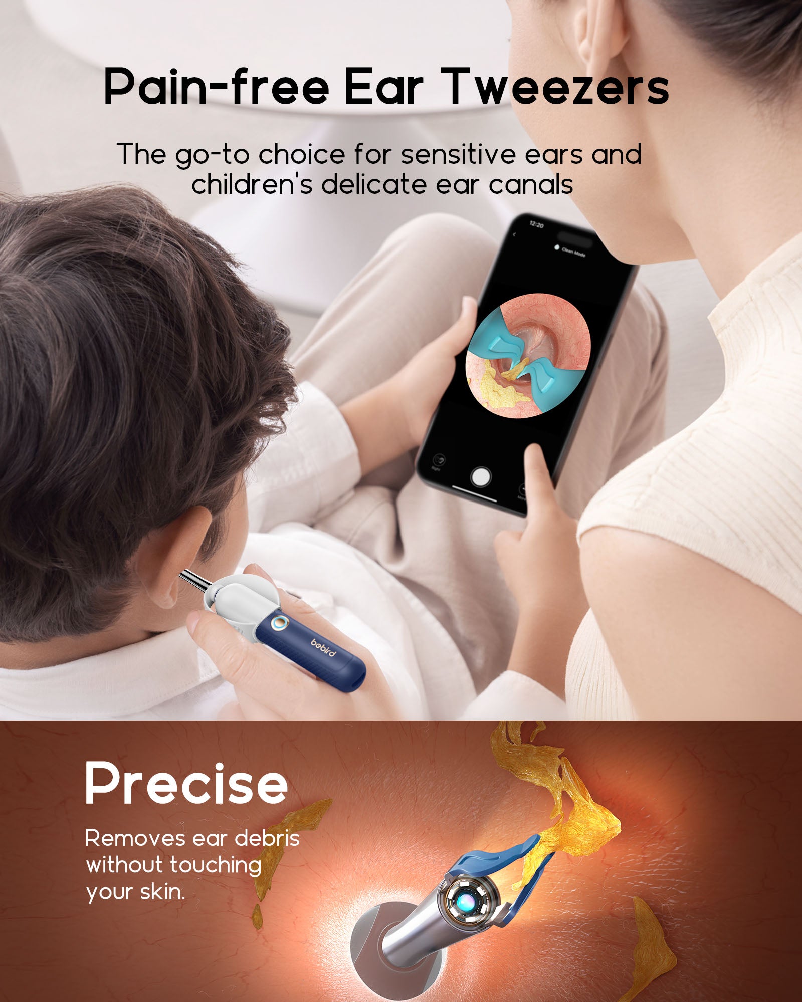 bebird Kit otoscope de nettoyage des oreilles avec caméra FHD flexible et pinces, pour examen des oreilles, du nez et de la gorge, embouts variés pour adultes et enfants