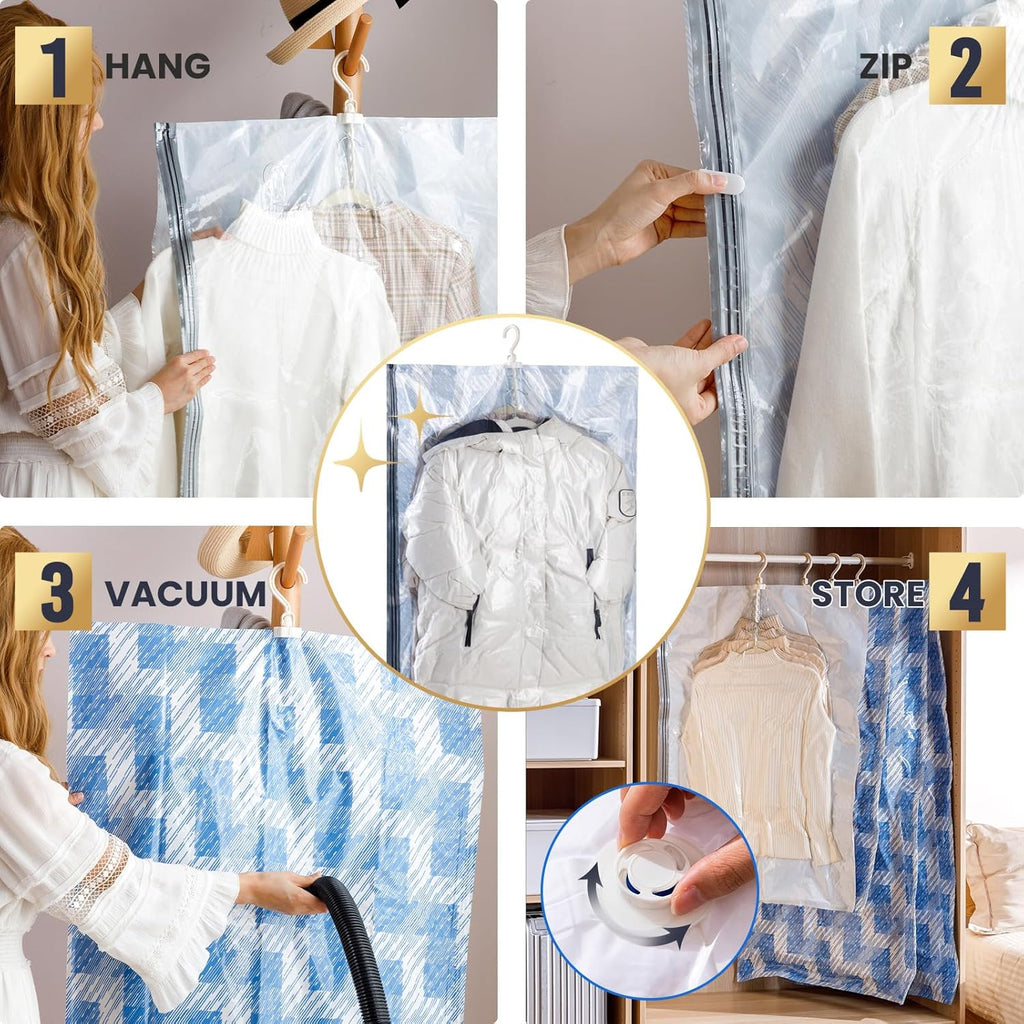 TAILI Sacs de rangement sous vide pour vêtements à suspendre bleu - 3 longs, 3 courts