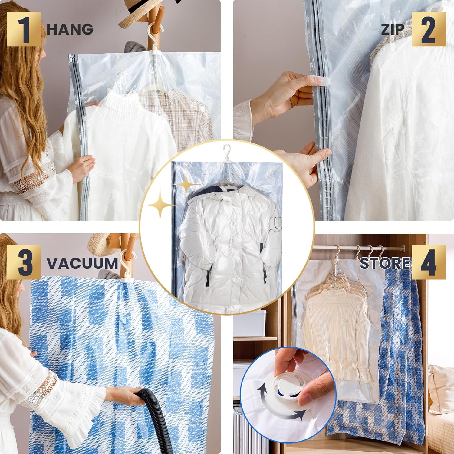 TAILI Sacs de rangement sous vide pour vêtements à suspendre bleu - 3 longs, 3 courts